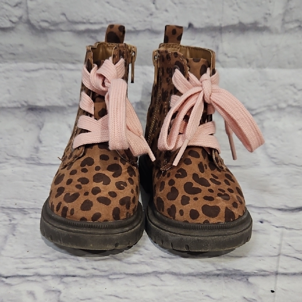 Cat & Jack Brown Leopard Kids Boots with Pink Laces - Picture 2 of 5